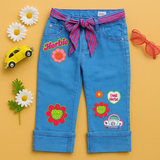 Vintage 2005 Disney Herbie Fully Loaded Pants | Girls 7/8 | Blue Cuffed Love Bug Flower Power Scarf Belt