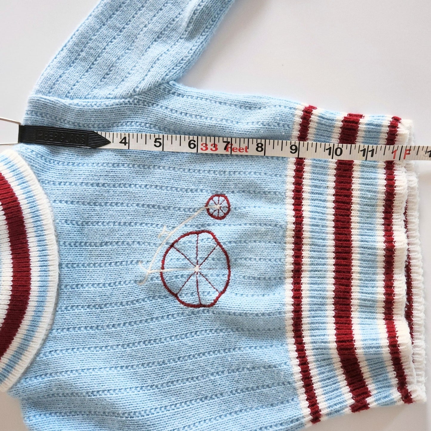 1960s Turtleneck Sweater – Baby Blue with Penny Farthing Embroidery – Size 2T