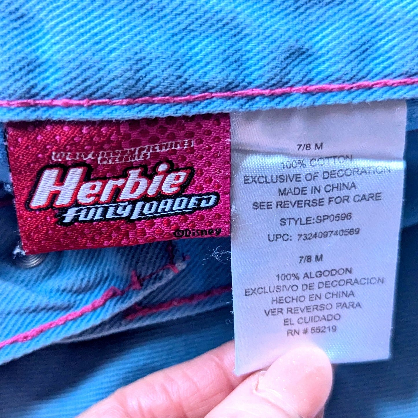 Vintage 2005 Disney Herbie Fully Loaded Pants | Girls 7/8 | Blue Cuffed Love Bug Flower Power Scarf Belt