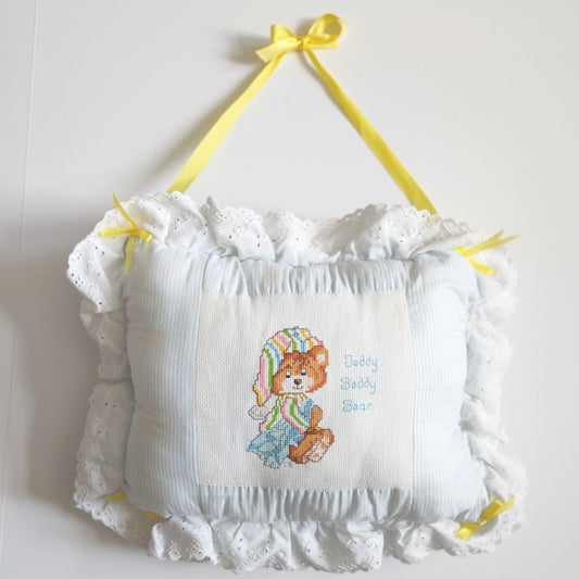 Vintage 80s Teddy Beddy Bear Cross Stitch Baby Pillow – Blue Stripes Yellow Ribbon Nursery Décor