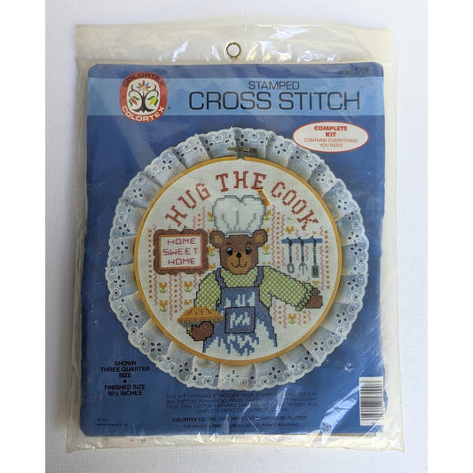 Vintage 1986 Colortex “Hug the Cook” Bear Stamped Cross Stitch Kit – Kitchen Home Decor – Teddy Bear Chef Embroidery – Complete Sealed 10.5”