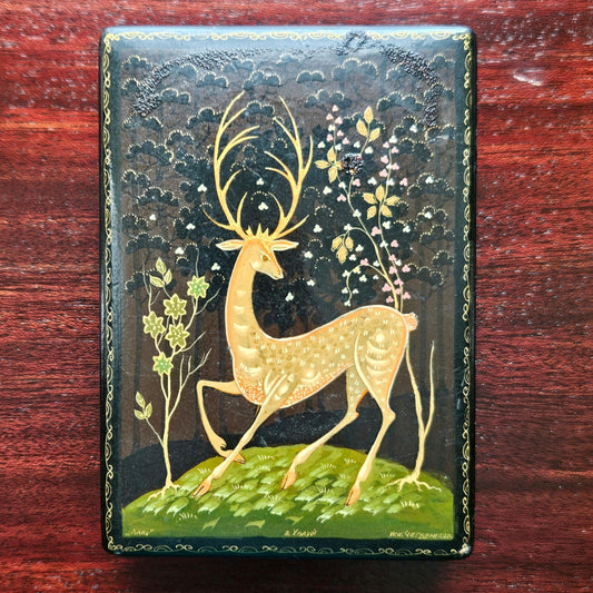 Kholuy Russian Lacquer Miniature Box – Signed & Hand Painted Deer “Lan” Scene
