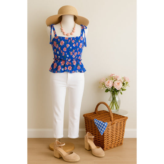 Yumi Kim Women's Blue Floral Tie Strap Peplum Aroma Top Size L