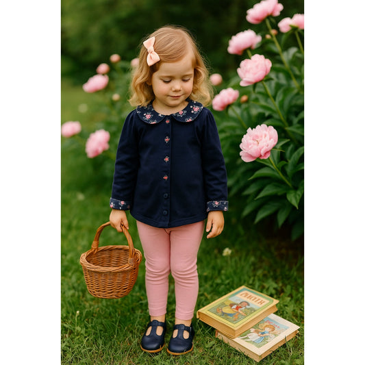 Vintage 1980s Christie Brooks Girls Swing Top – Size 5/6 – Navy Blue with Rose Print Collar & Cuffs, Embroidered Placket Roses – Cottagecore Kids Clothing