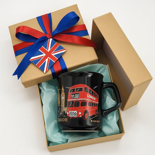 Vintage London Souvenir Mug – Black Ceramic with Red Double-Decker Bus, Big Ben & Guardsman – England Travel Collectible - Home Decor