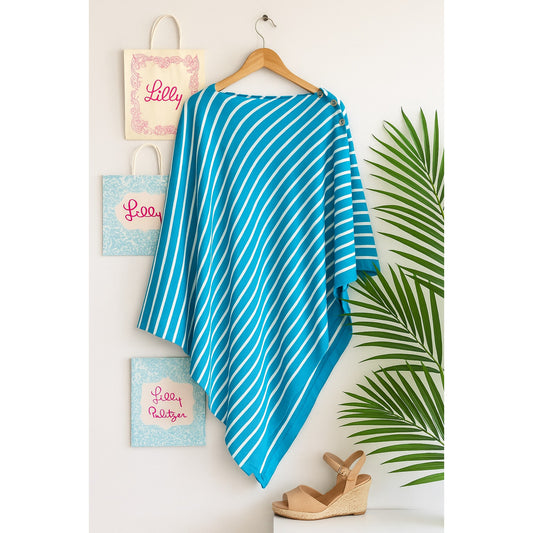 Lilly Pulitzer Harp Wrap Poncho Sweater | Turquoise Getaway Stripe | One Size | Women