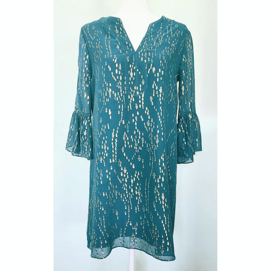 Lilly Pulitzer Elenora Dress | Teal Metallic Gold Silk 3/4 Sleeve | Women's S