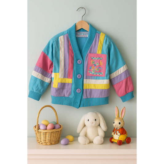 Vintage 1980s French Toast Easter Egg Jacket | Colorblock Turquoise Pink Yellow | Embroidered | Kids Size 6