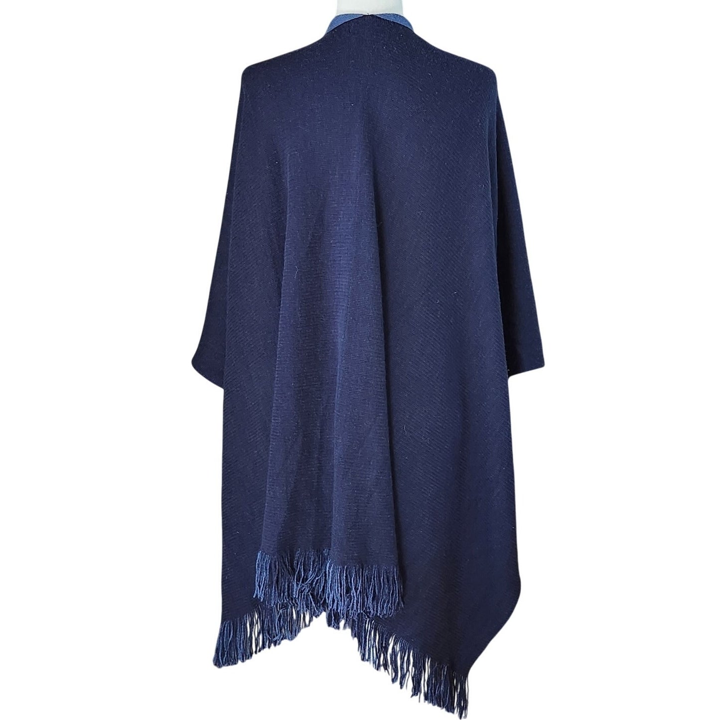 Wool & Rayon Blend Shawl Wrap | Two-Tone Navy & Periwinkle | Reversible Fringe Trim | One Size