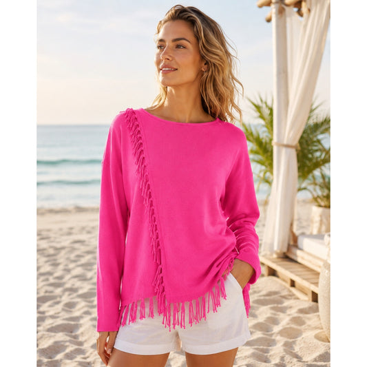 Lilly Pulitzer Emberly Sweater | Mandevilla Pink Fringe Tassel Pullover Women's Medium