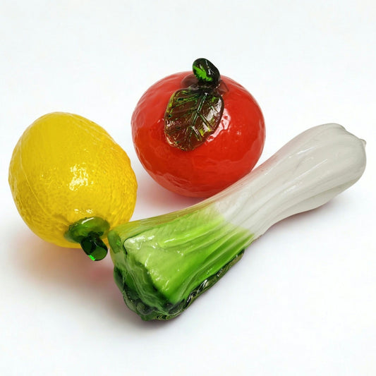 Vintage Murano Style Glass Fruit & Vegetable Figurines – Lemon, Tomato & Leek – Hand Blown Glass Kitchen Decor, Collectible Home Decor