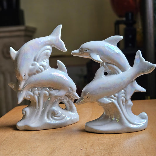Pair of Vintage 1980s Iridescent Dolphin Figurines