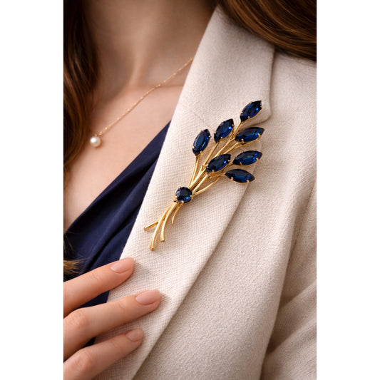 Vintage Blue Rhinestone Spray Brooch | Mid Century Sapphire Gold Navette Pin