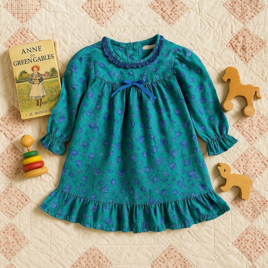 Allison Ann Vintage 1980s Girls Dress – Teal & Periwinkle Floral Cottagecore Toddler Dress - Long Sleeve Cotton Ruffle Hem | Size 3T