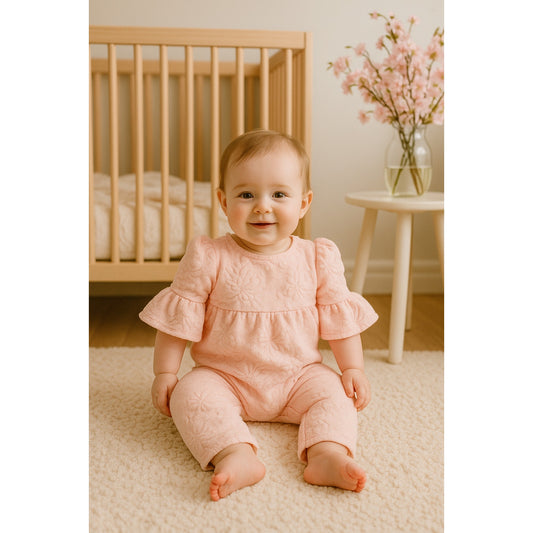 Janie and Jack Baby Girl Quilted One-Piece Jacquard Romper Strawberry Pink | Size 6-12M