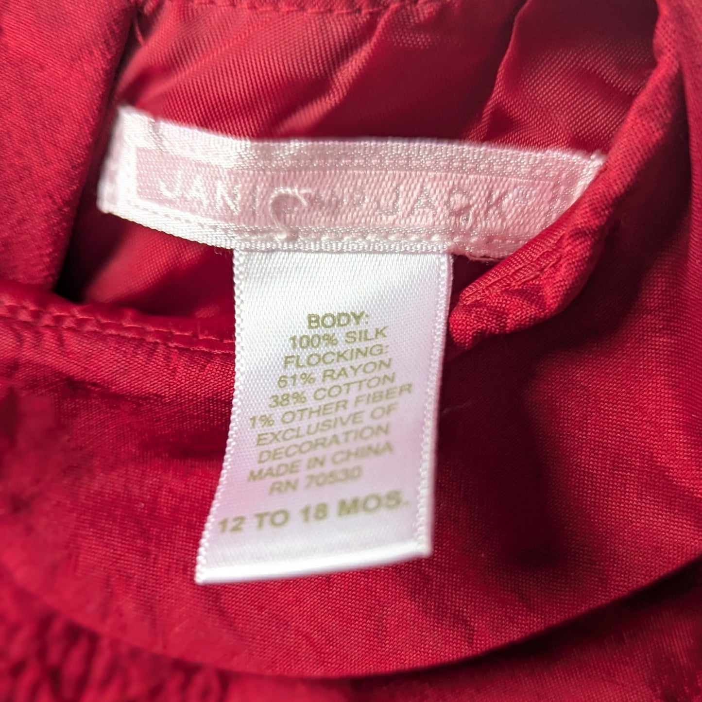 🎀 Janie and Jack Baby Girl Red Silk Flocked Dress | Size 12-18 Months | Holiday Outfit