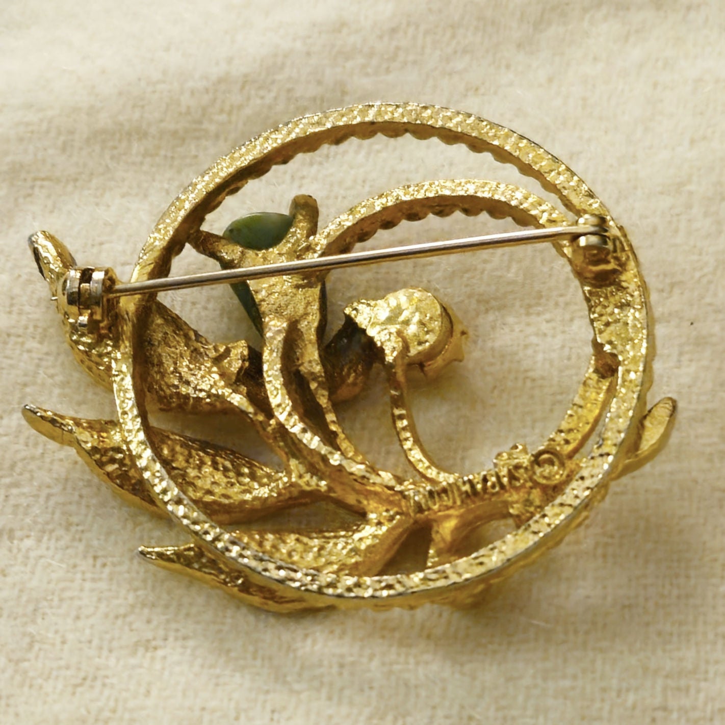 Vintage Gold Leaf Brooch with Pearl & Green Stone | Mid Century Botanical Pin