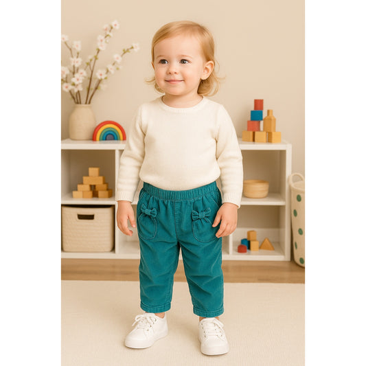 Vintage 1990s Girls Teal Corduroy Pants | Bow Accent, Elastic Waist, Side Pockets, Toddler Retro Clothing | Toddler Size 2T