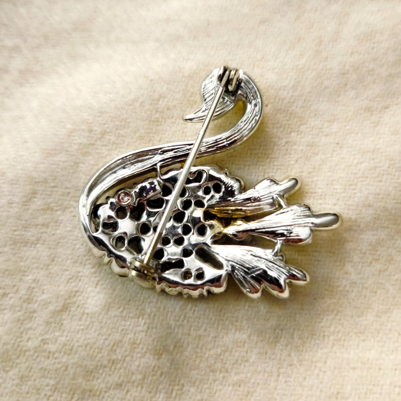 Vintage Aurora Borealis Swan Brooch | Silver Tone Mid Century Jewelry