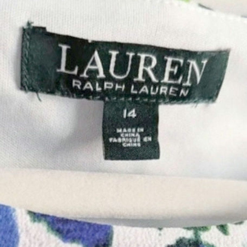 Lauren Ralph Lauren Ruffled Crepe Dress | Blue Floral Print Colonial Cream | Women's Size 14 | Sleeveless Shift