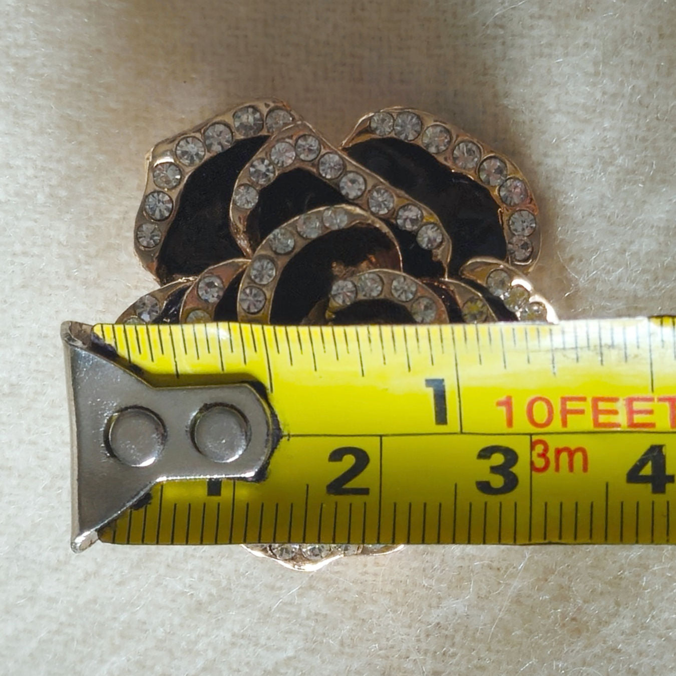Vintage Rose Gold Tone Rose Brooch | 1990s Black Enamel & Rhinestone Flower Pin