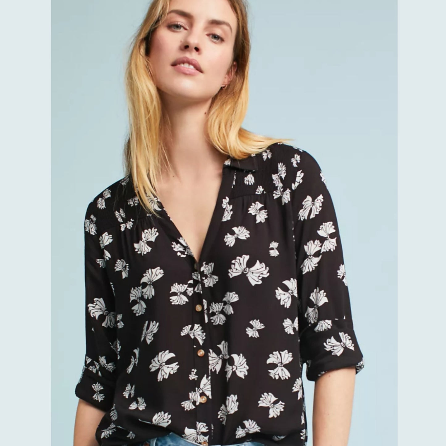 Maeve Anthropologie Emory Bow Print Blouse Black White Floral Button Down Top | Women's Size 0