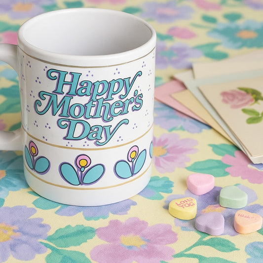 Vintage 1990s Mother’s Day Mug | 1994 Retro Ceramic Coffee Cup | Aqua & Purple Floral Design | Home Gift for Mom