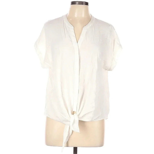Chico’s White Button Down Tie-Front Blouse | Women Size 2 (Large) Rayon Short Sleeve