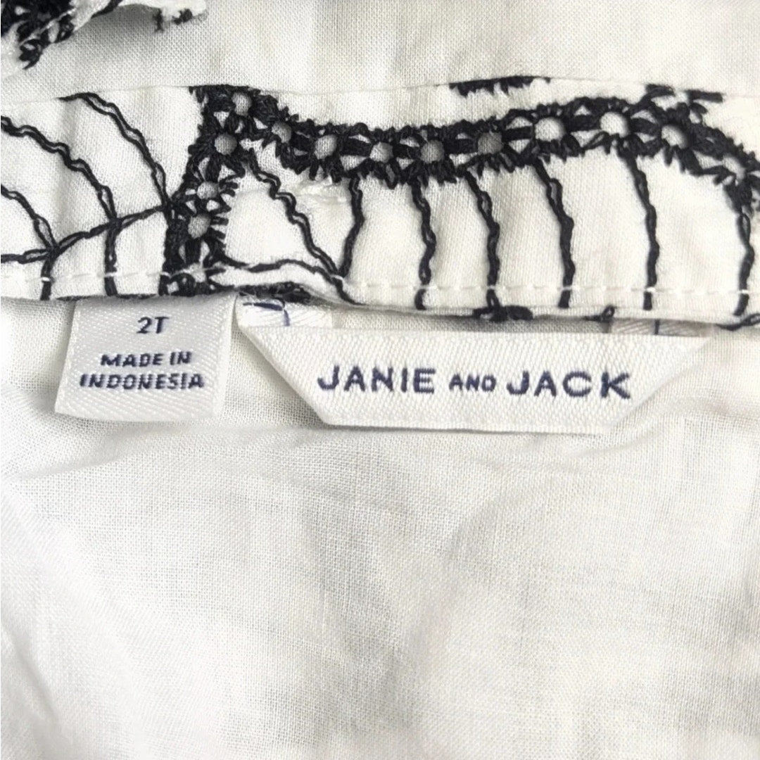 Janie and Jack Palm Leaf Cotton Eyelet Dress in Jet Ivory Black & White Size 2T