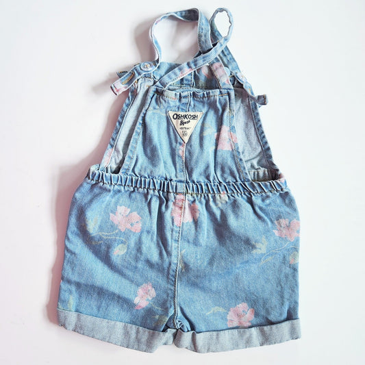 OshKosh B'gosh Pink Flower Adjustable Knotted Straps Denim Shortalls Size 2T