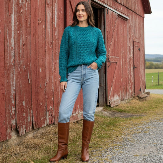 1980s Handknit Irish Sweater | Teal Honeycomb Cable Knit | 100% Pure Wool | Size 44 / Women L/XL