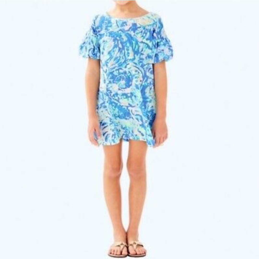 Lilly Pulitzer Girls Mini Linden Dress | XL 12-14 | Bennet Blue Shell Print Puff Sleeve Cotton