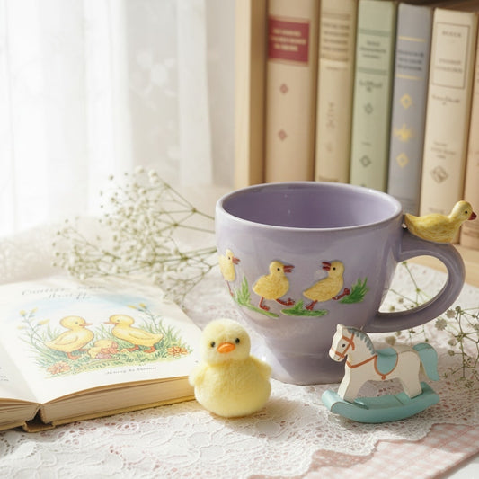 1990s Duck Mug | Lavender Purple Ceramic Cup with 3D Yellow Ducklings