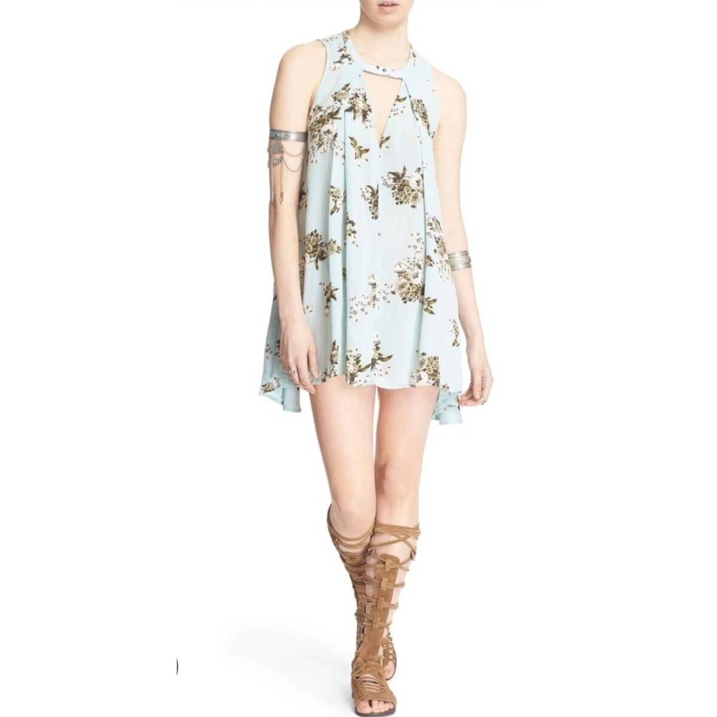 Free People Faded Floral Tunic Dress Women’s Small Mint Brown Sleeveless Swing Crinkle Boho