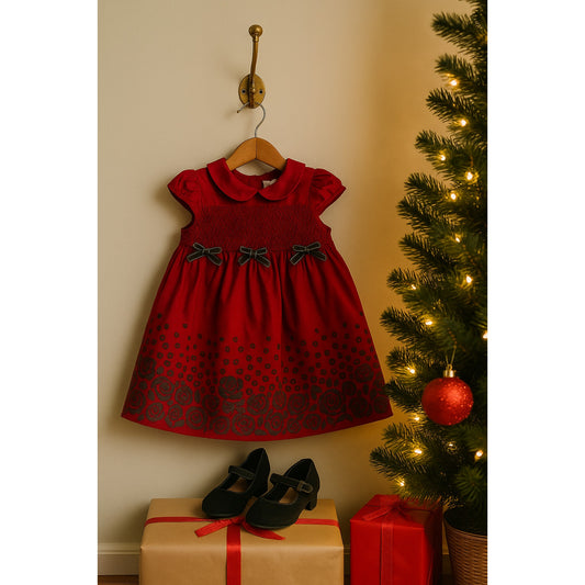 🎀 Janie and Jack Baby Girl Red Silk Flocked Dress | Size 12-18 Months | Holiday Outfit