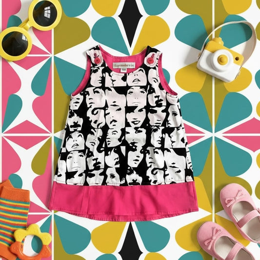 Tiny Modernist Retro Faces Baby Go-Go Dress – Pink, Black & White – Size 12 Months
