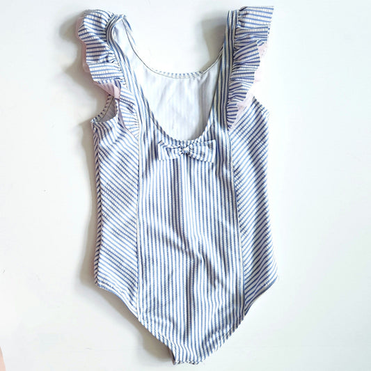 RuffleButts Blue & White Seersucker Waterfall One Piece Swimsuit Size 10