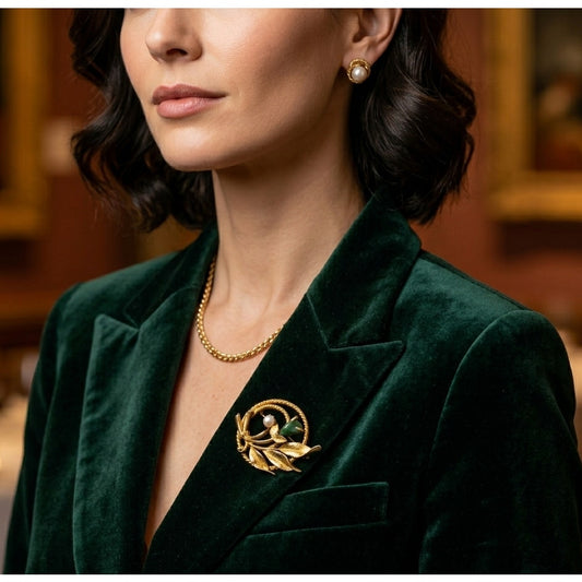 Vintage Gold Leaf Brooch with Pearl & Green Stone | Mid Century Botanical Pin