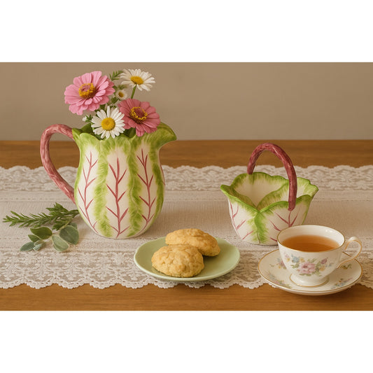 Vintage The Haldon Group Tobacco Leaf Pitcher & Handled Bowl Set – Hand Painted Japan 1988 – Cottagecore French Country Tea Home Décor