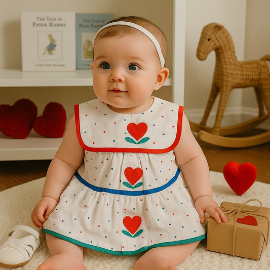 Vintage 1980s Lisa Jackson Baby Girl Dress – Polka Dots & Heart Appliqué, Bib Collar, Tiered Skirt – Size 3-6 Months, Made in USA