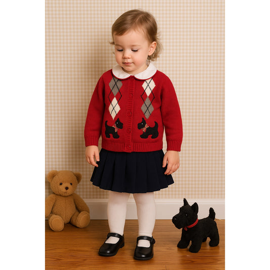 Vintage 90s Toddler Girl’s Red Scottie Dog Cardigan – B.T. Kids 2T – Argyle Sweater with Peter Pan Collar & Plaid Bows