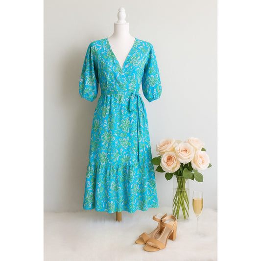 Lilly Pulitzer Women's Brantley Midi Wrap Dress Cumulus Blue Chick Magnet Size Large