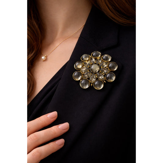 Vintage Olive Green and Smoky Rhinestone Brooch | Large Mid Century Statement Floral Cluster Pin