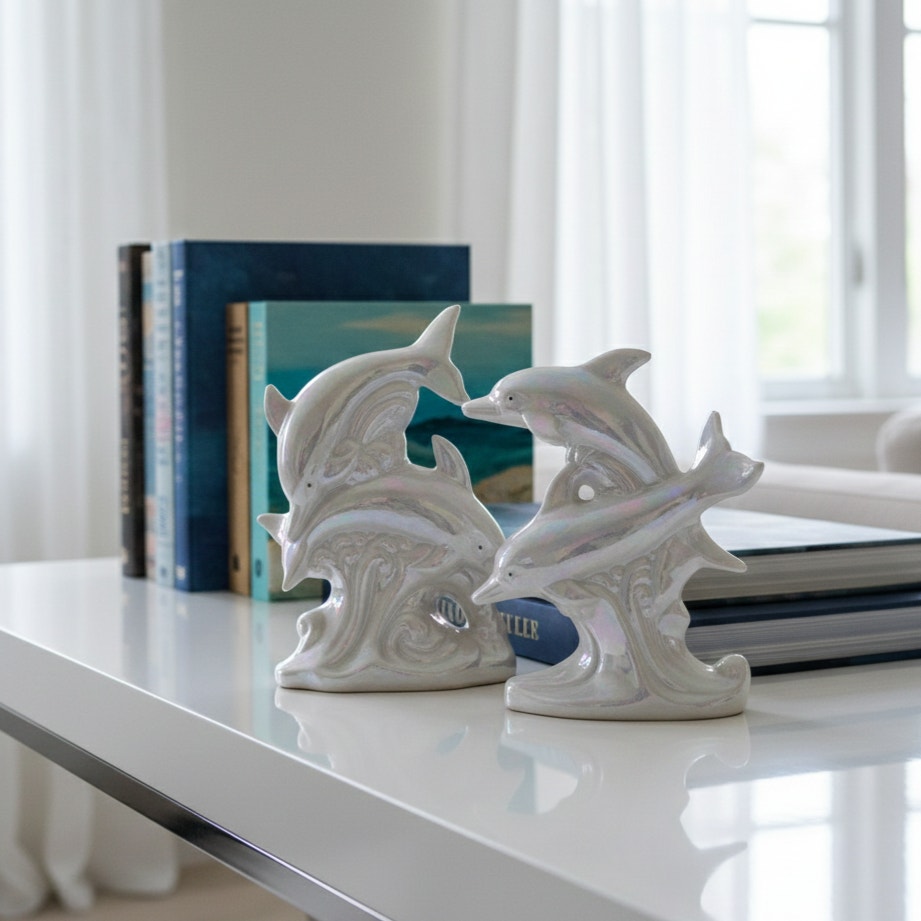 Pair of Vintage 1980s Iridescent Dolphin Figurines