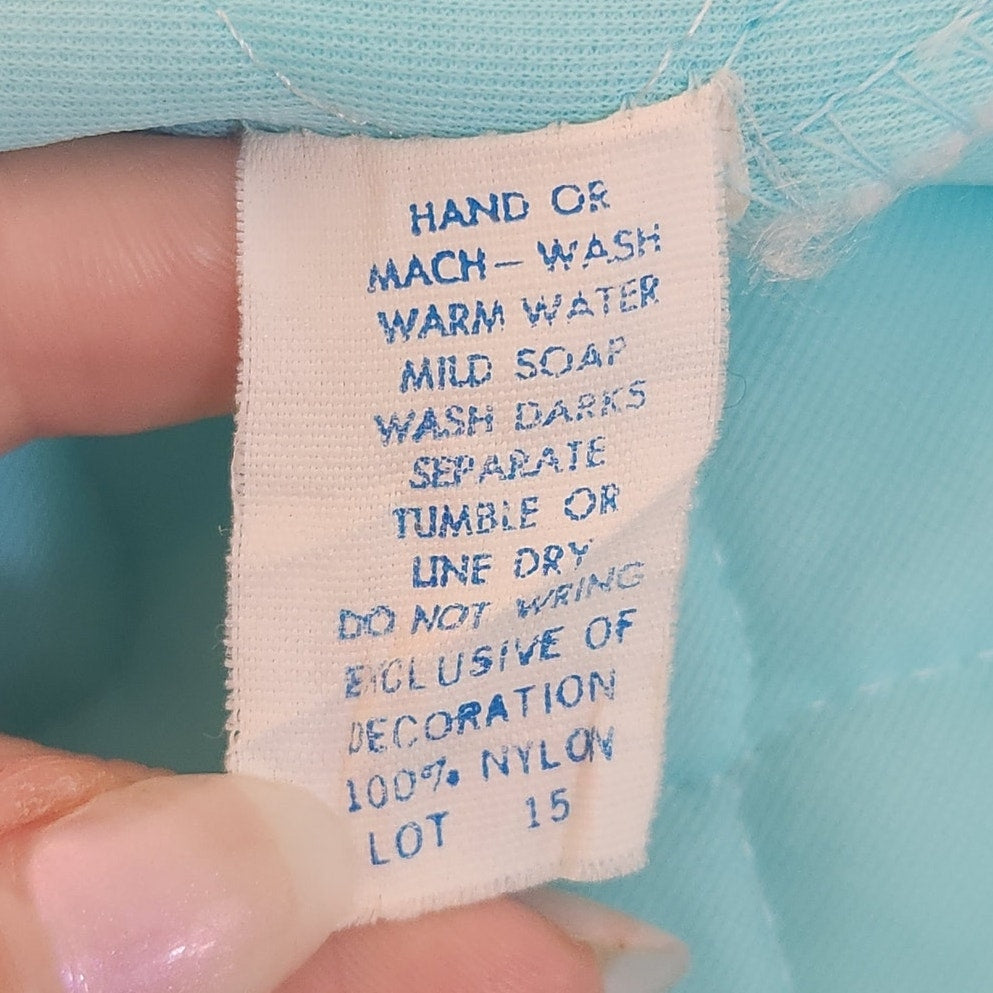 1960s Aqua Blue Quilted Nylon Bed Jacket with Ruffle Trim | Made in California | Women's M