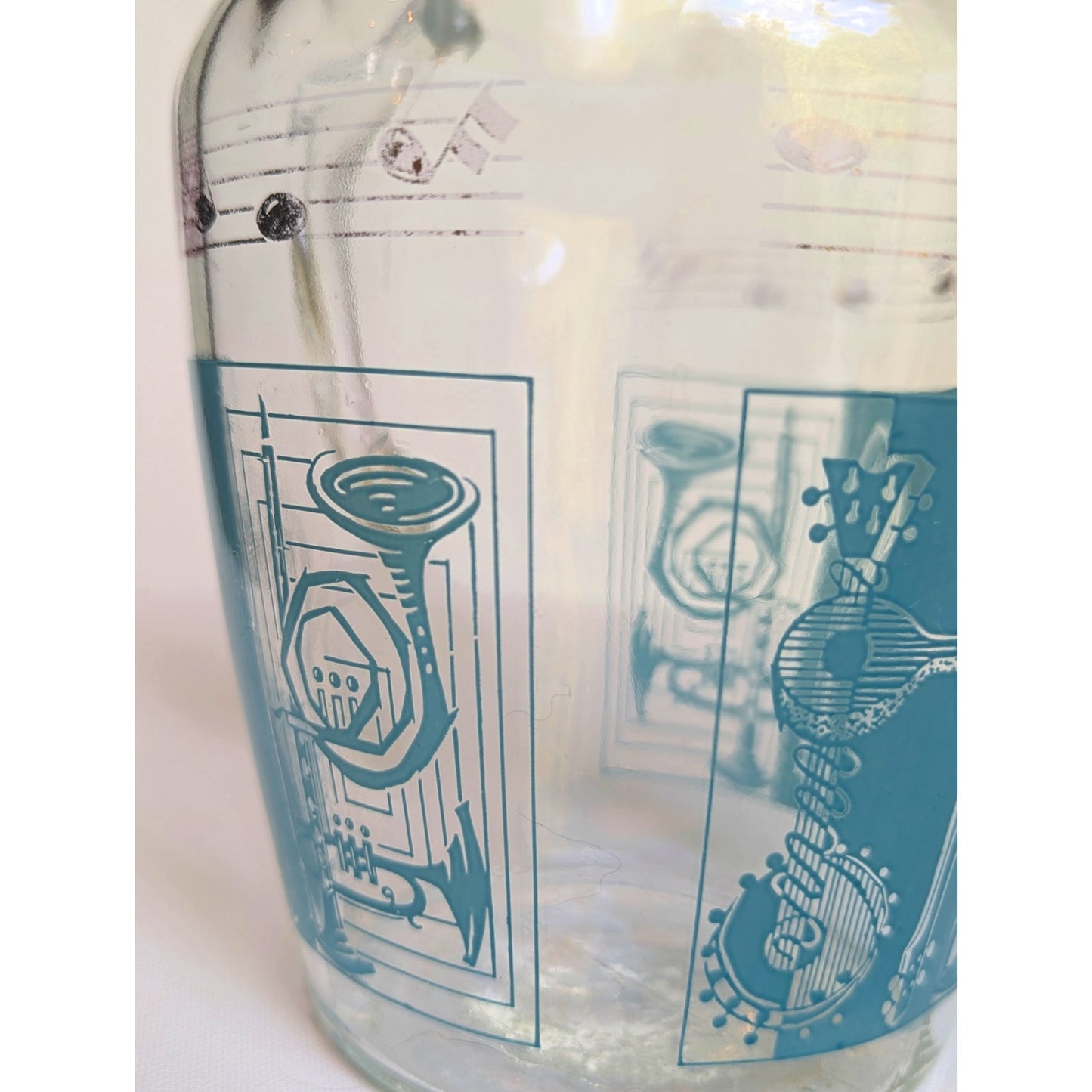 Vintage 1950s Glass Pitcher with Aqua Musical Instruments & Notes – Tall Ice Lip Pitcher – Mid-Century Barware | Home