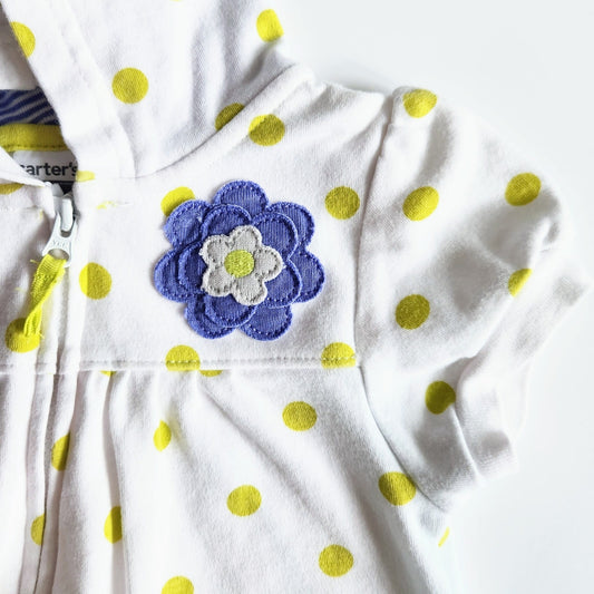Carter’s Vintage 2000s Y2K Short Sleeve Zip Hoodie – Baby Girl Size 12 Months – White Polka Dot with Flower Appliqué – 100% Cotton – Hypoallergenic & Eczema Friendly