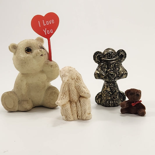 Vintage Bear Figurines – Miniature Resin, Ceramic, and Flocked Bears – I Love You Heart Sign, Woodland Animal Shelf Decor, 1980s-90s Kitsch