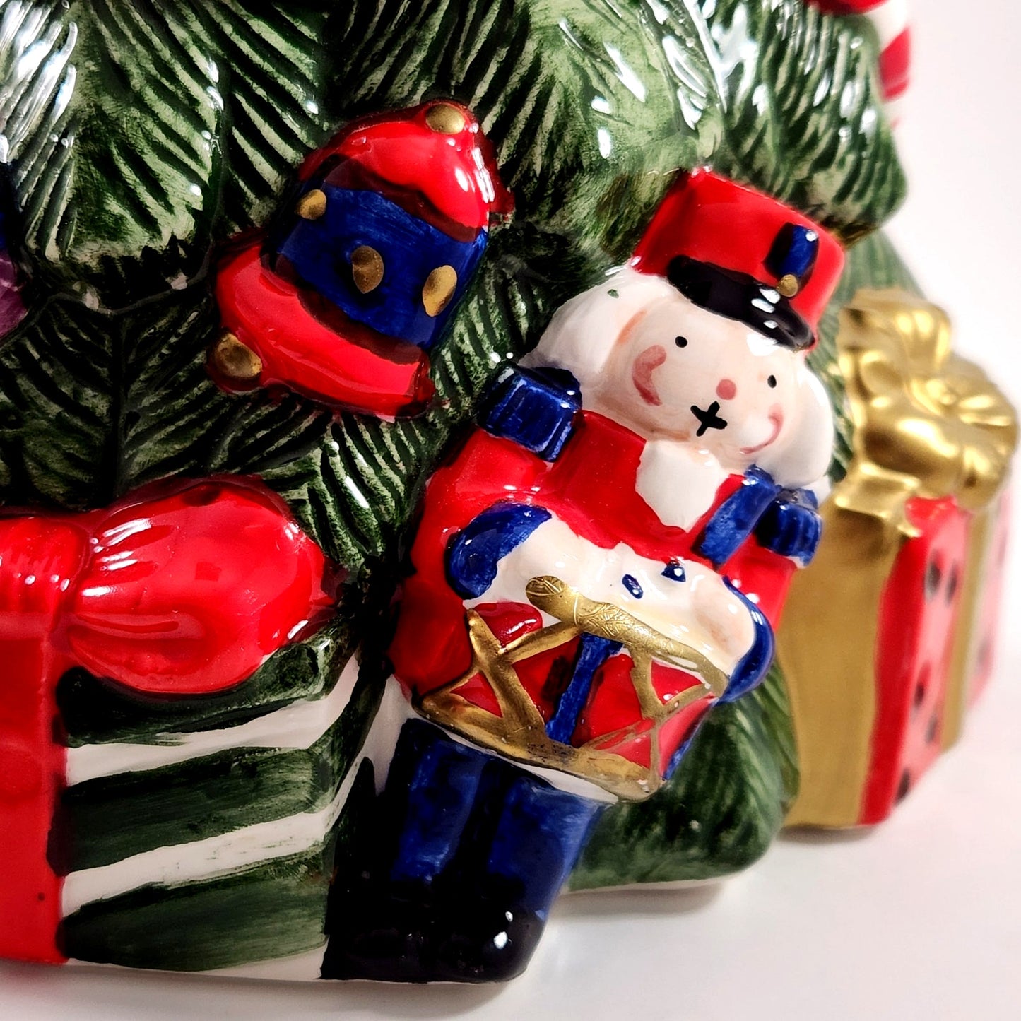 1994 Christmas Tree Ceramic Pitcher with Candy Cane Handle, Teddy Bear & Gift Box Details