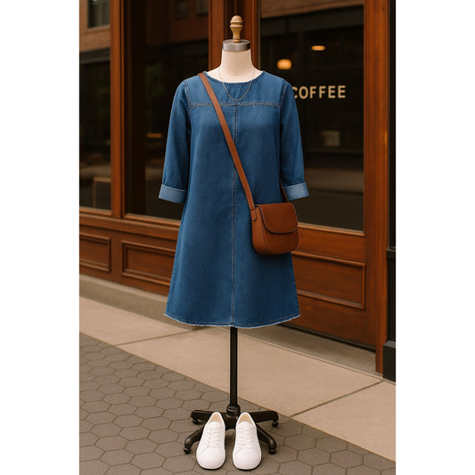 Madewell 3/4 Sleeve Denim Shift Dress Cotton Linen Blend Raw Hem | Women's Size XXS